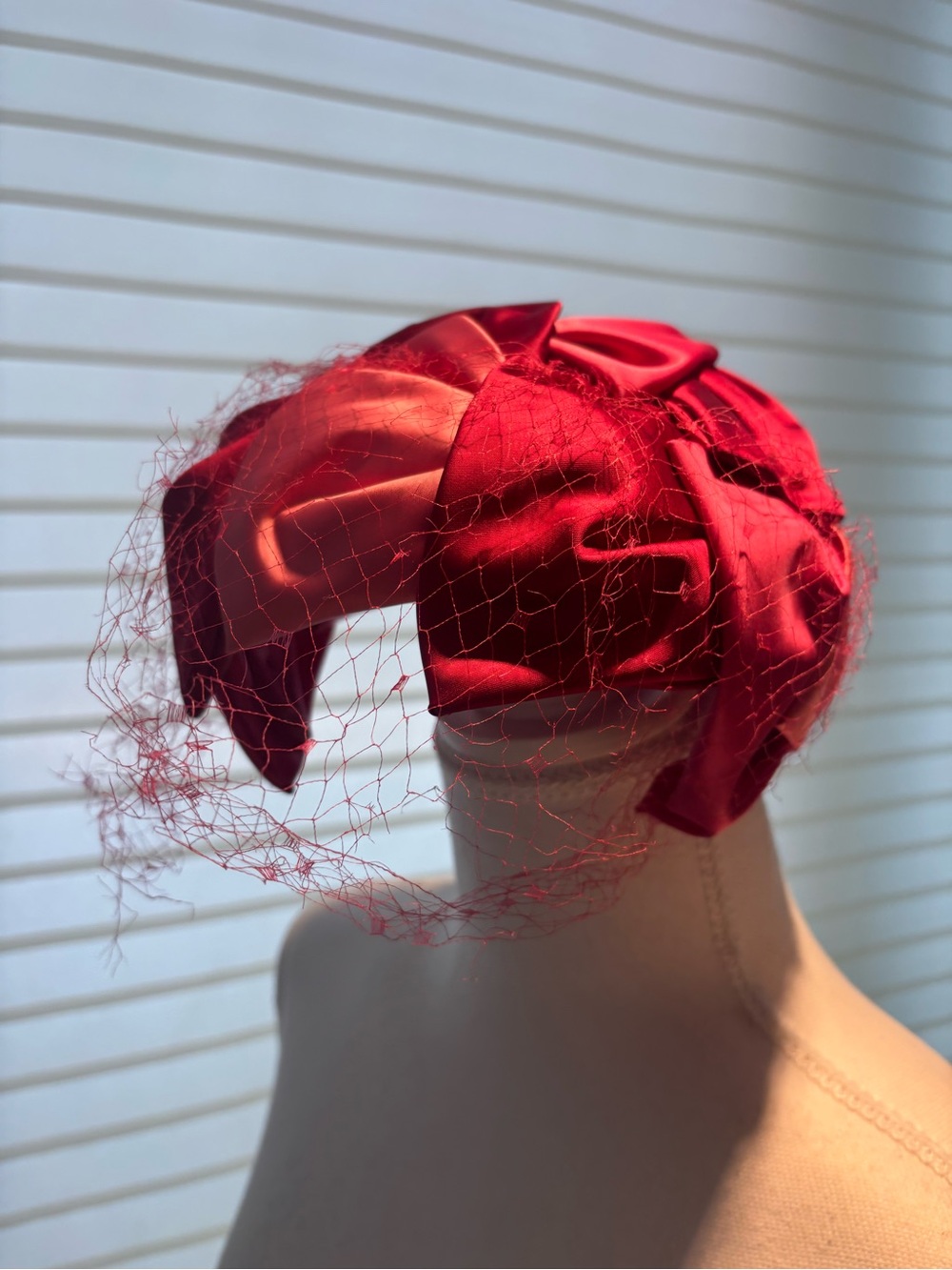 Vintage Red and pink Satin Veiled Fascinator Hat